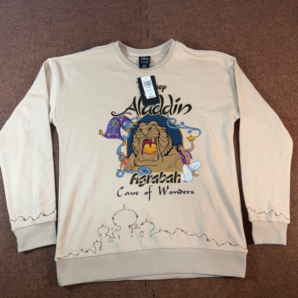 Disney BoxLunch Aladdin Cave of Wonders Embroidered Crewneck Sweatshirt Tan MD